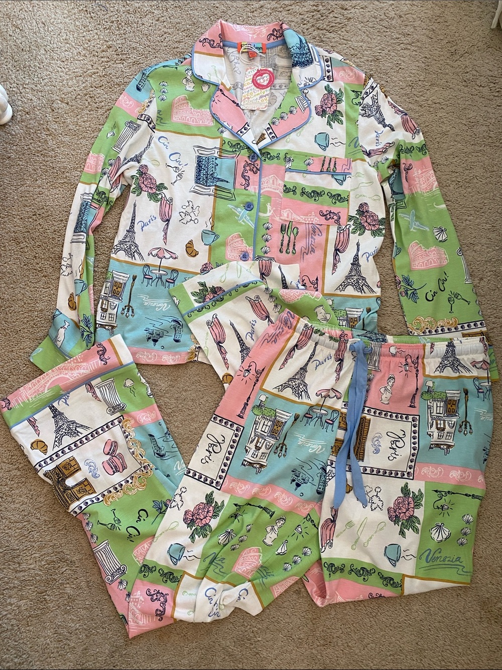 P.J. Salvage Paris Print Cotton Pajama Set - Pink, Green, Blue, Cream